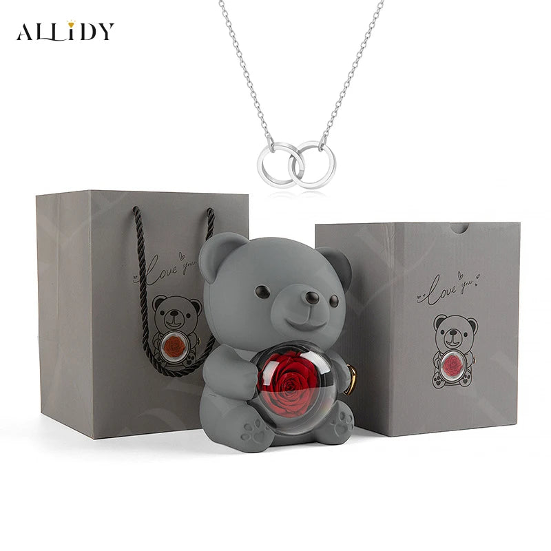 Red Eternal Rose Teddy Bear with Stainless Steel