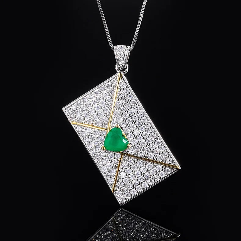 Heart Shaped Crystal Envelope Rectangular Pendant Necklace