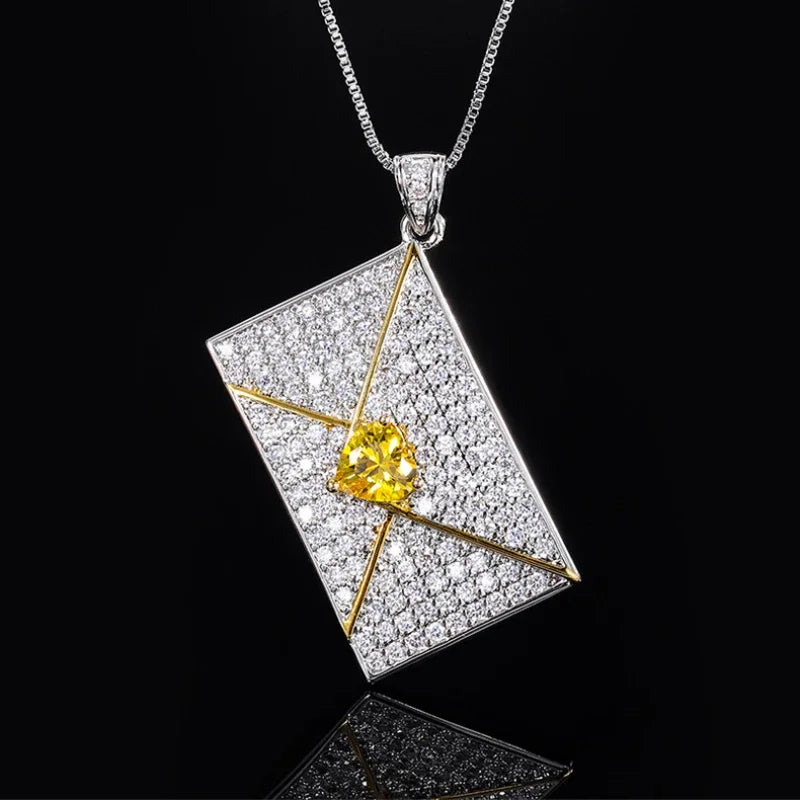 Heart Shaped Crystal Envelope Rectangular Pendant Necklace