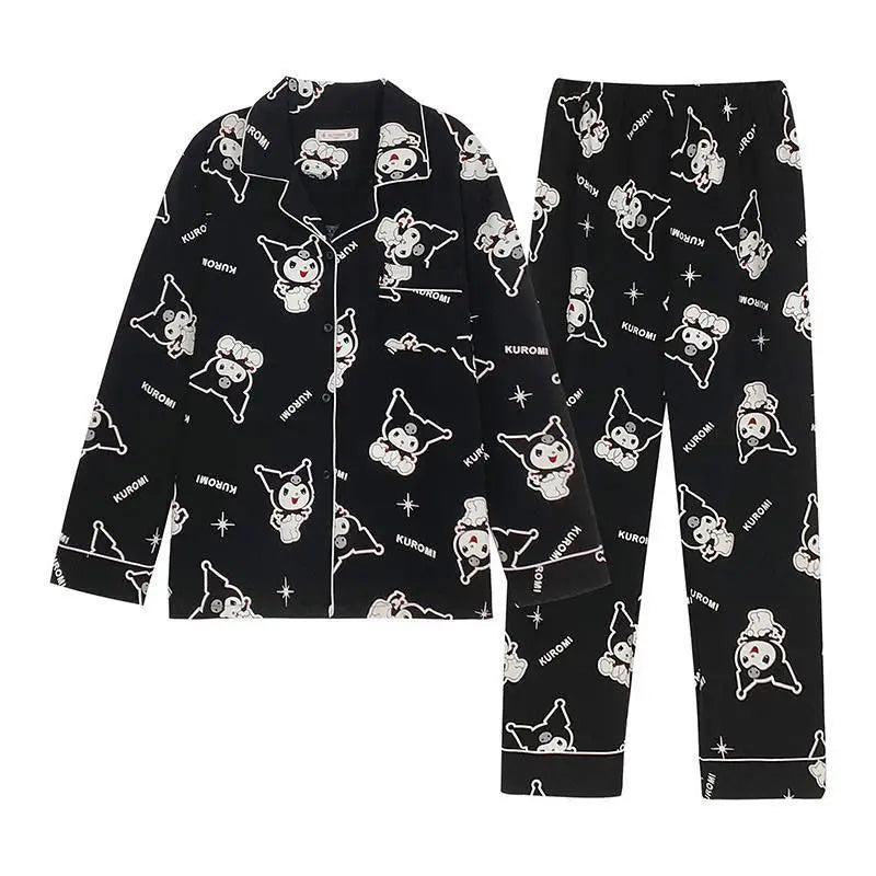 Sanrio Kuromi Cartoon Couple Pajamas Women Men Spring Autumn Cotton Long Sleeve Top Shirt Pants 2 Piece Set Y2k Sleepwear Suit