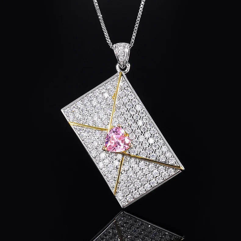 Heart Shaped Crystal Envelope Rectangular Pendant Necklace