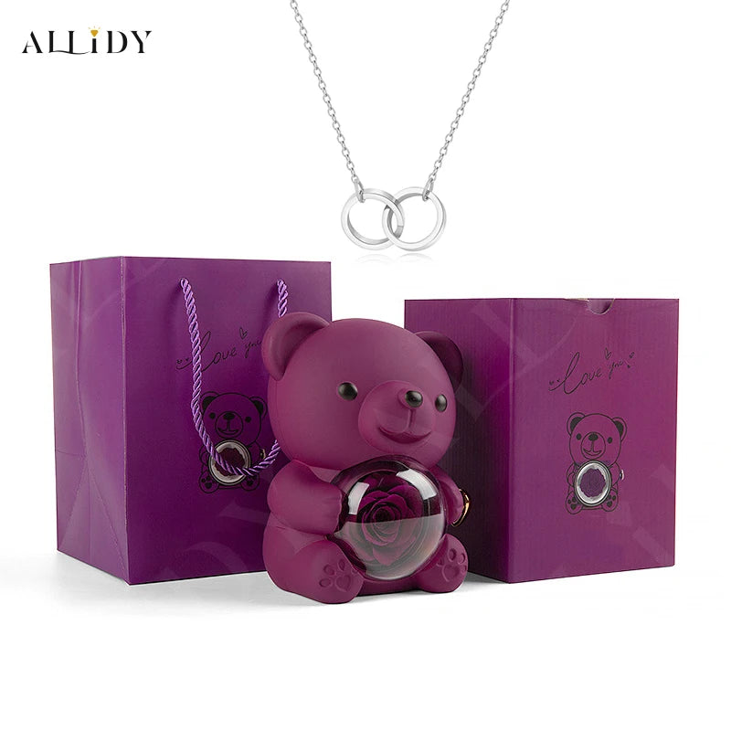 Red Eternal Rose Teddy Bear with Stainless Steel