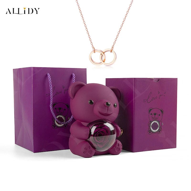 Red Eternal Rose Teddy Bear with Stainless Steel