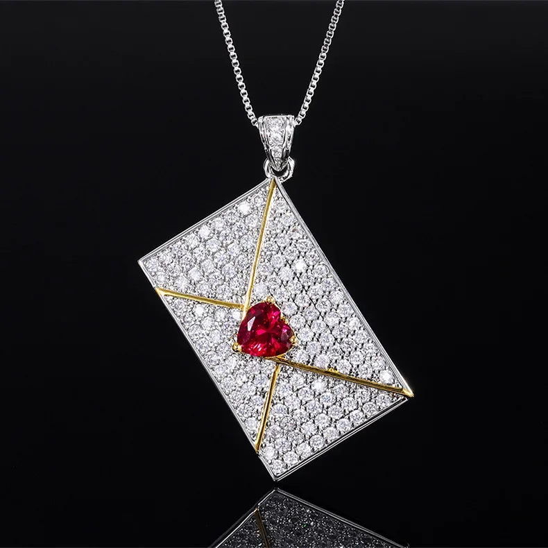 Heart Shaped Crystal Envelope Rectangular Pendant Necklace