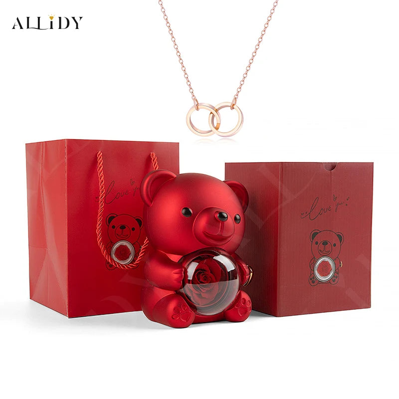 Red Eternal Rose Teddy Bear with Stainless Steel